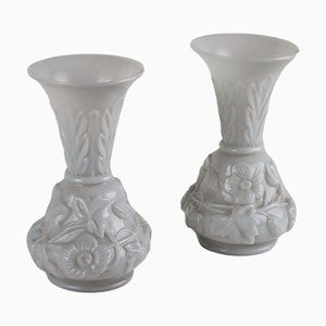 Art Nouveau Milk Glass Vases with Acanthus Leaves, Set of 2