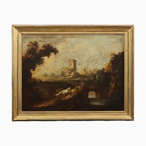 Landscape with Buildings and Figures, 1700s, Oil Painting, Framed