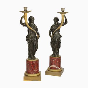 Portatorce in marmo e bronzo dorato, inizio XIX secolo, set di 2
