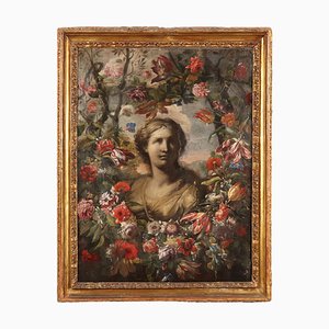 Buste de femme et guirlande de fleurs, années 1600-1700, peinture sur toile, encadrée