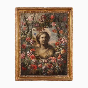 Weibliche Büste und Blumengirlande, 1600s-1700s, Gemälde auf Leinwand, Gerahmt