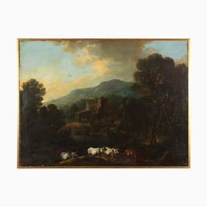 Landscape with Animals, Oil on Canvas, Framed