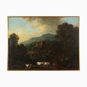 Landschaft mit Tieren, Öl auf Leinwand, Gerahmt