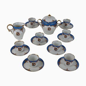Porcelain Coffee Service with Gold Decorations and Blue Borders, 1880s, Set of 18