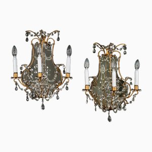 Wall Lamps in Crystal Mirror & Gilded Wrought Iron, Set of 2