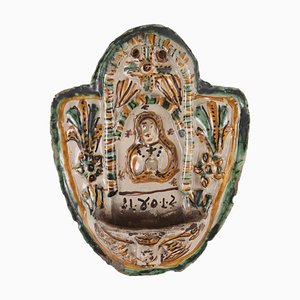 Holy Water Stoup in Majolica with Multi-Colored Decorations, Early 1800s