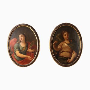 Artiste Italien, Portraits Allégoriques, Peintures à l'Huile sur Toile, 18ème Siècle, Encadré, Set de 2