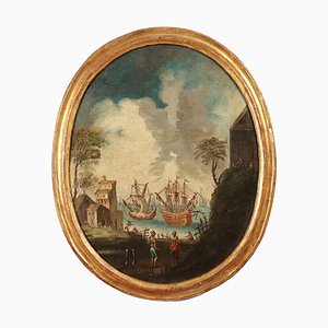 Paisaje marino oval, óleo sobre lienzo, siglo XIX-siglo XX, enmarcado