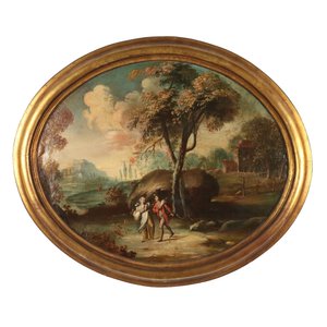 Oval Landscape with Figures, Oil on Canvas, 19th Century-20th Century, Framed