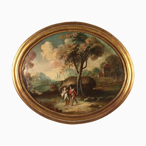 Oval Landscape with Figures, Oil on Canvas, 19th Century-20th Century, Framed