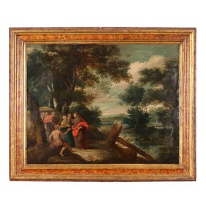 Artista di scuola fiamminga, scena di guarigione, metà del 1600, olio su rame, con cornice