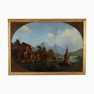 Paisaje con edificios y figuras, década de 1800, óleo sobre lienzo, enmarcado