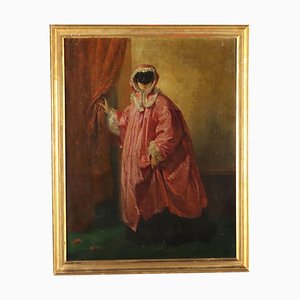 Female Figure with Mask, Oil on Canvas, 19th Century, Framed