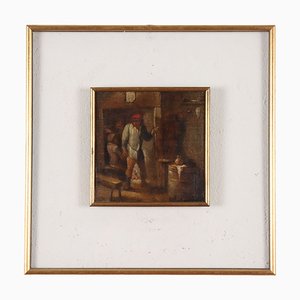 Interior Scene with Figures, Oil on Canvas, Framed