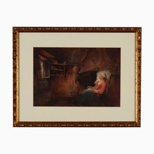 Interior Scene with Figure, 1800s, Watercolor on Paper, Framed