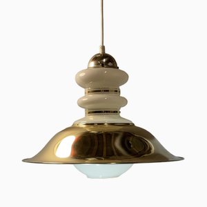 Space Age Pendant Lamp in Brass and White Glass, 1970s