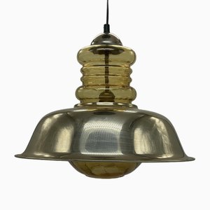 Space Age Pendant Lamp in Brass and Glass, 1970s