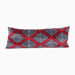 Red Silk Ikat Velvet Cushion Cover with Geometrical Design
