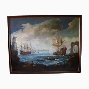 Coastal Scene with Galleons, 18th Century, Oil on Canvas, Framed