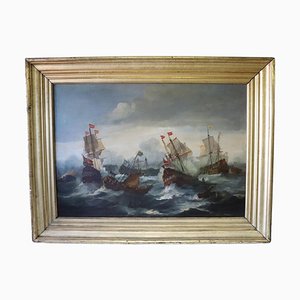 Battle Between Galleons, 19th Century, Oil on Canvas, Framed