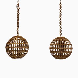 Ceiling Pendants in Wicker and Bamboo, 1970s, Set of 2
