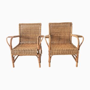Vintage Armchairs in Basket Mesh and Bamboo, 1930s, Set of 2