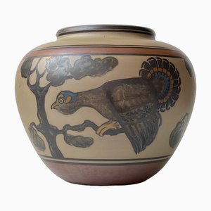 Hand-Painted Terracotta Planter with Peacock by L. Hjorth, 1940s