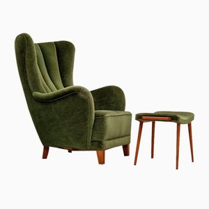 Danish Velour Relax Chair with Footstool, 1950s, Set of 2