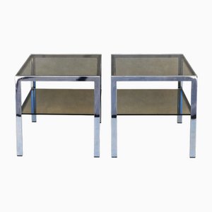 Chrome and Smoked Glass Side Tables, France, 1970s, Set of 2