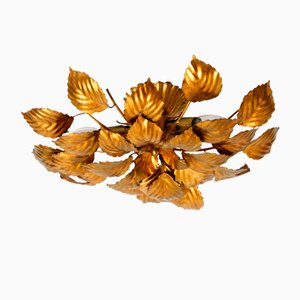 Lampada da soffitto in stile Regency floreale placcato in oro con foglie grandi, anni '80