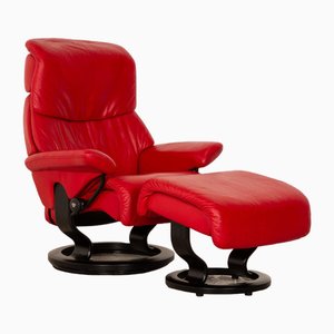 Red Leather Vision Armchair & Ottoman from Stressless, Set of 2