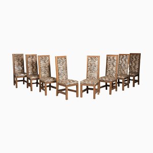 Art Deco Oak Velvet Tiger Upholstery Dining Chairs, 1930s, Set of 8