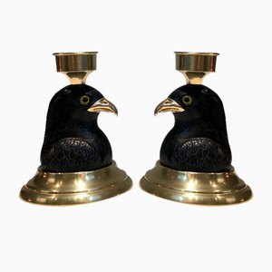 Candlesticks Representing Carved Wooden Eagles with Brass Spikes and Glass Eyes from Houy Pouiga, 1970s, Set of 2