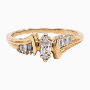 Anillo vintage de oro amarillo de 14 k con diamante de talla marquesa central y diamantes laterales, años 80