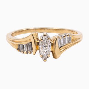 Vintage 14k Yellow Gold Ring with Central Marquise Diamond and Side Diamonds, 1980s