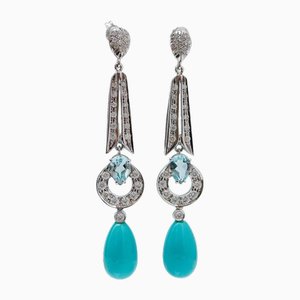 Turquoise, Topazs, Diamonds, 14 Karat White Gold Dangle Earrings, Set of 2