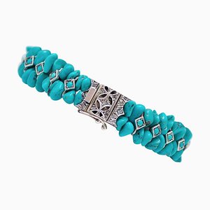 Diamonds, Turquoise, Rose Gold and Silver Bracelet