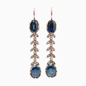 Sapphires, Diamonds, Rose Gold and Silver Dangle Earrings, Set of 2