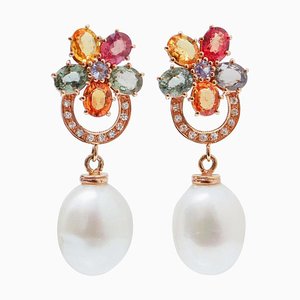 Pearls, Tanzanite, Multicolor Sapphires, Diamonds, 14 Karat Rose Gold Earrings, Set of 2