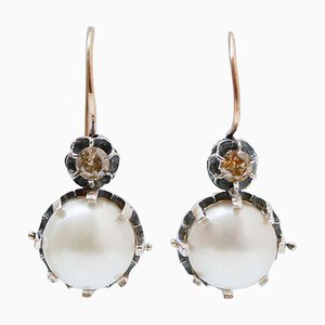 Pearls, Brown Diamonds, Rose Gold and Silver Dangle Earrings, Set of 2