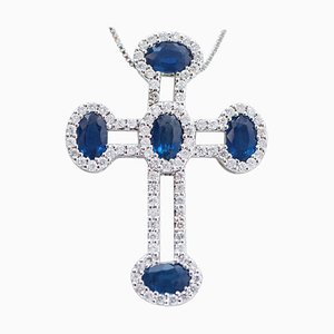 18 Karat White Gold Cross Pendant Necklace with Sapphires & Diamonds
