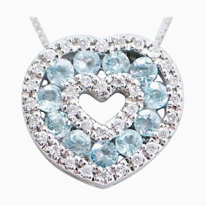 18 Karat White Gold Heart Shape Pendant Necklace with Aquamarine & Diamonds