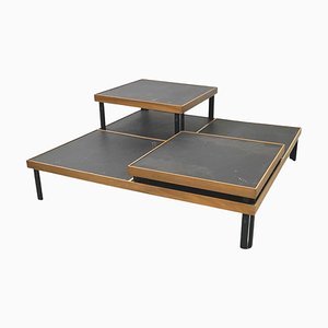 Italian Modern Slate Wood & Metal Coffee Tables attributed to De Martini for Cassina, 1980s, Set of 3
