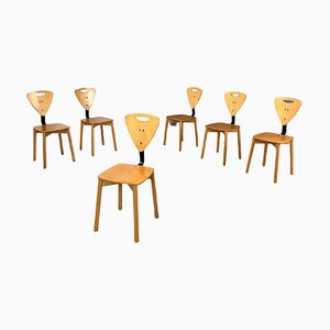 Moderne italienische Stühle aus hellem Holz mit schwarzen Metallstangen, 1980er, 6 . Set