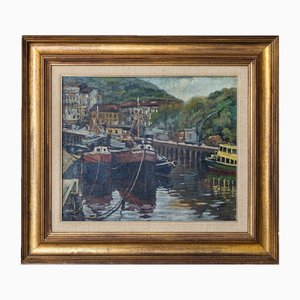 Escena del puerto impresionista, años 60, óleo sobre lienzo, enmarcado
