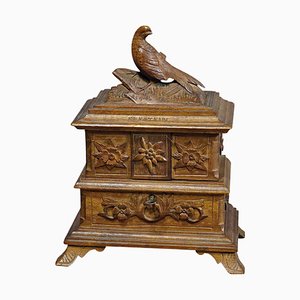 Antique Wooden Carved Edelweis Jewelry Box with Bird, 1900s