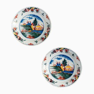 18th Century Dutch Delftware Polychrome Chinoiserie Plates, Set of 2