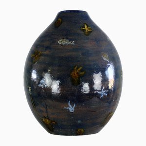 Vase Décoratif de Forme Rond en Céramique Bleue par Angelo Ungania, 1940s