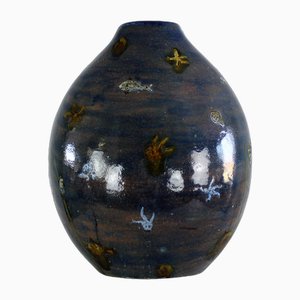 Vaso rotondo decorativo in ceramica blu di Angelo Ungania, anni '40