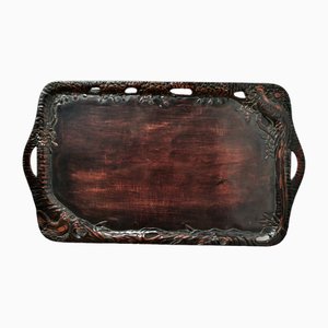 Oriental Folk Art Carved Red Lacquer Tray Decorated with Cockerels, 1920s